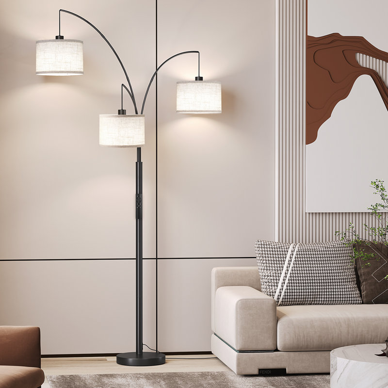 Indi 60 Inch Floor Lamp, 3 Drum Fabric Shade, Round Metal Base, Silver